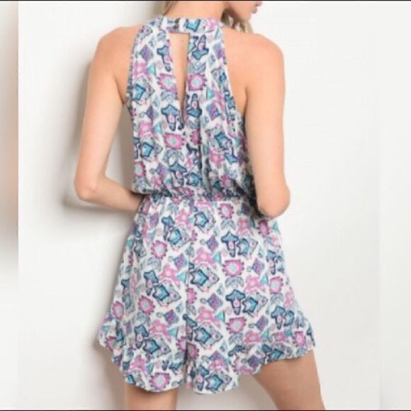 Final Price | Pink and Blue Pastel Tribal Print Sleeveless Ruffle Short Romper - Picture 3 of 8